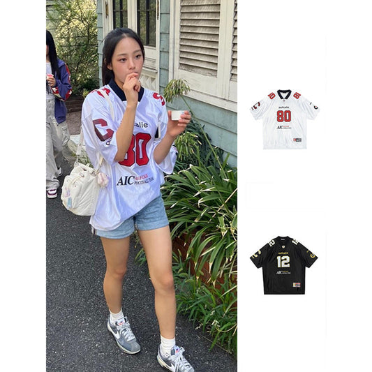 Minji Hyein Same Style ~ Korean Niche Neutral Letter OVERSIZE Mesh Stitching Jersey Short Sleeve T-shirt