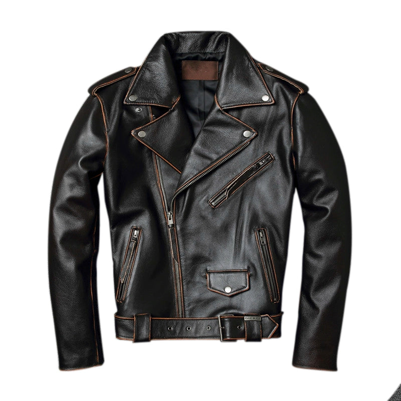 Harley Genuine Leather Jacket For Men, Autumn Short Lapel, Retro Distressed First-layer Cowhide Motorcycle Jacket, Trendy Jacket