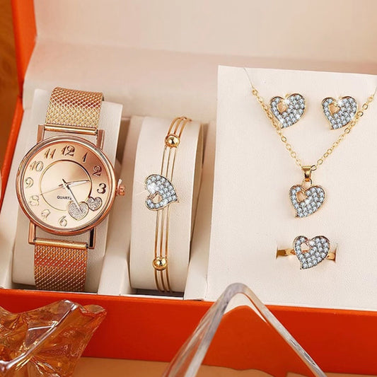 Fashion Love Plastic Mesh Belt + Peach Heart Four-piece Jewelry Set Ladies Five-piece Watch Gift Box Quartz Watch