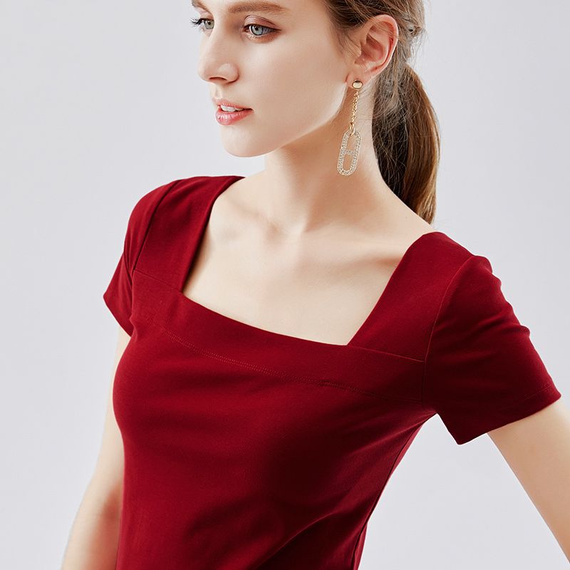 95 CoTTon Square Collar T-shirT Women&#039;s ShorT-sleeved T-shirT Half-sleeved Slim Sexy Top Summer 2024 ReTro Women&#039;s VersaTile New STyle