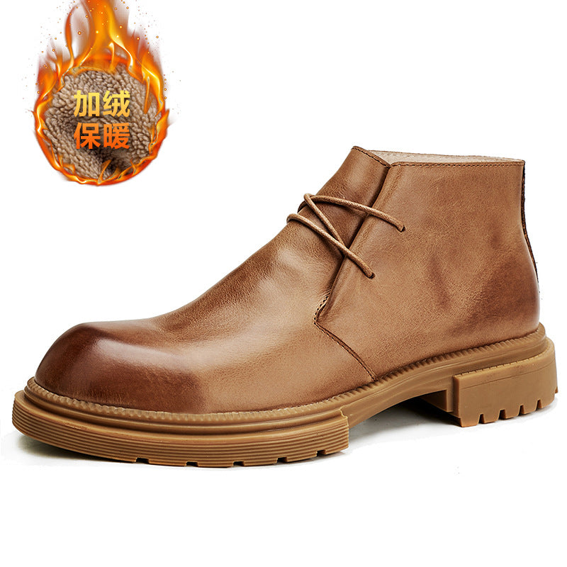 Men&#039;s Boots Genuine Leather Mid-top Martin Boots, Fashionable And Versatile Thick-soled Work Boots, Round Toe Plus Velvet High-top Boots