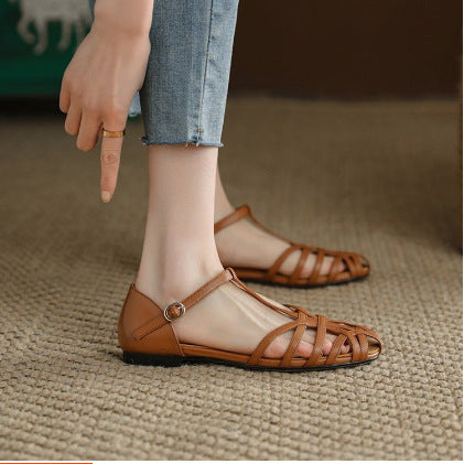 Flat Shoes Women&#039;s  Spring And Summer New Fashion Hollow Breathable Korean Style One-word Buckle Fashion Shoes Spot Women&#039;s Shoes