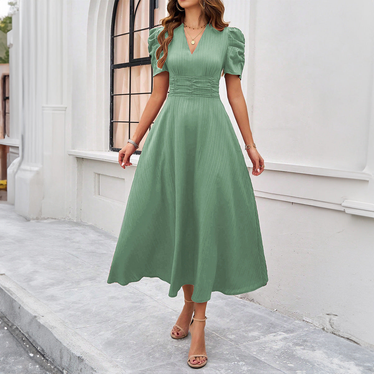 Spring And Summer Elegant Solid Color Waist-tight Dress