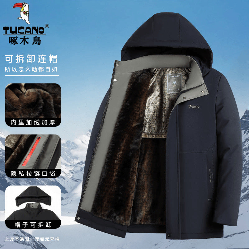 Woodpecker 2024 Fall/Winter New Hooded Warm Windproof Cold-proof Fleece-lined Thickened Dad Men&#039;s Cotton Jacket