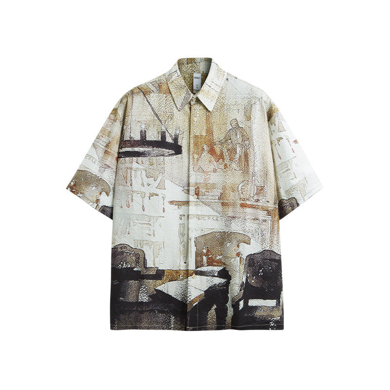 Watercolor Seersucker Shirt 2024 Spring And Summer New Street Fashion Brand Loose Men&#039;s Short Sleeve Shirt