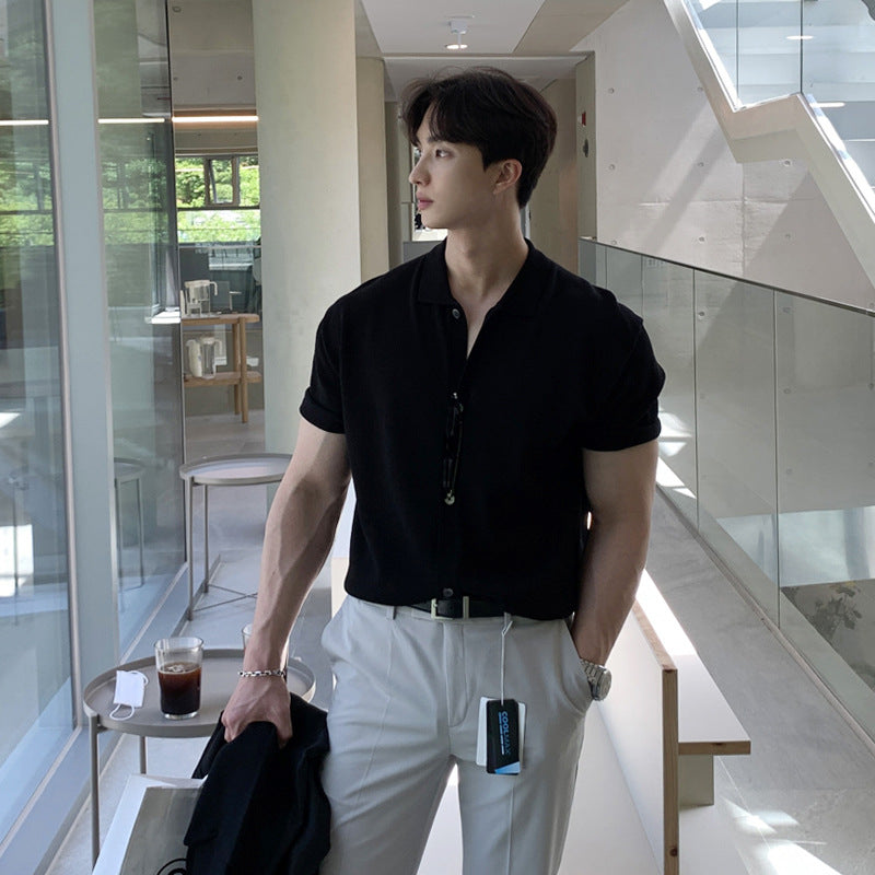 Korean Style Shirt Short-sleeved Summer New Casual Black Button Lapel Shirt Men&#039;s Slim-fit Knitted T-shirt