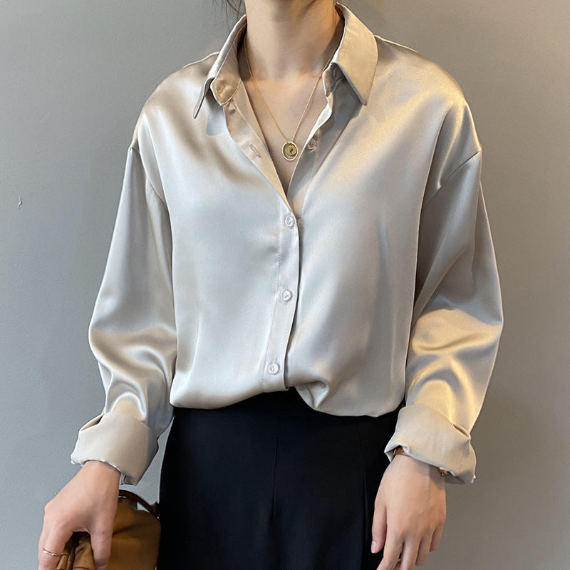 Autumn Fashion Button Up Satin Silk Shirt Vintage Blouse Wom