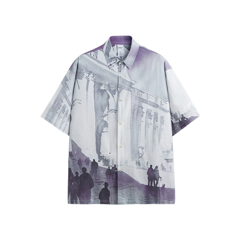 Watercolor Seersucker Art Shirt 2024 Spring And Summer New Street Fashion Brand Loose Men&#039;s Short Sleeve