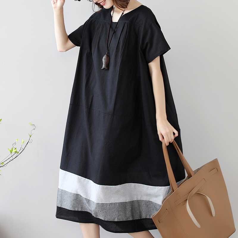 Real Shot 2024 Chubby Girl Plus Size Women&#039;s Summer New Korean Version Of Dress Cotton And Linen Short Sleeve Loose Long Skirt Women