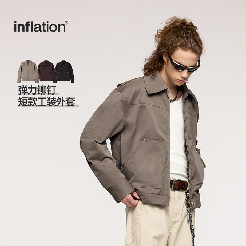 Fall/Winter New Stretch Rivet Tooling Short Jacket Lapel Casual Retro Slim Fit Couple Jacket