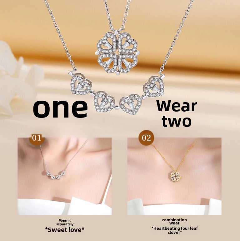 925 Sterling Silver Four-leaf Clover One Ornament Two-leaf Necklace Elegant Tassel Pendant Collarbone Chain Birthday Tanabata For Girlfriend