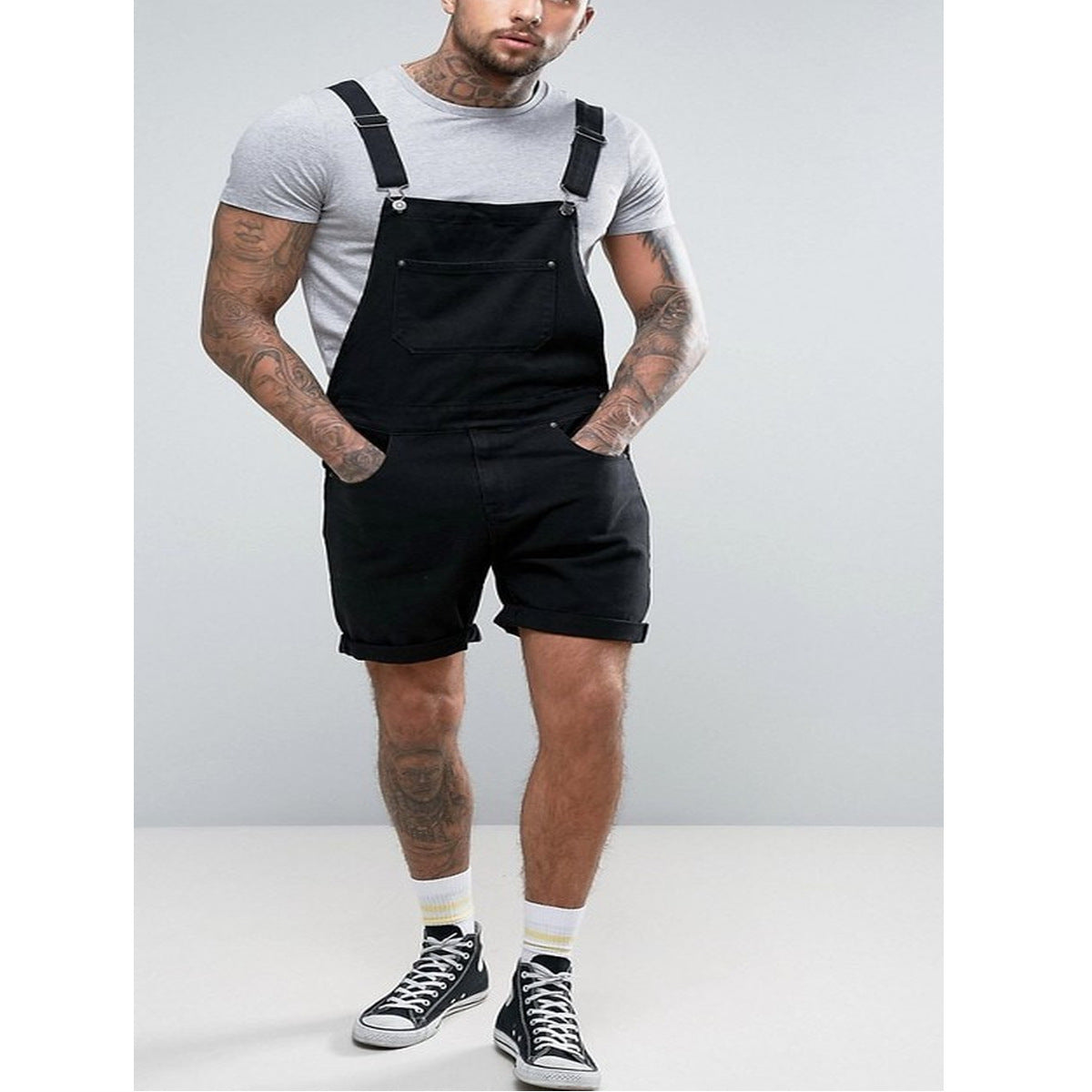 wish Retro Men&#039;s Denim White Rim Shorts One-piece Overalls