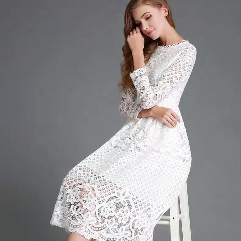 Autumn New Women&#039;s Clothing Dress Round Neck Hollow Simple Lace Long Sleeve Slim Midi Dress