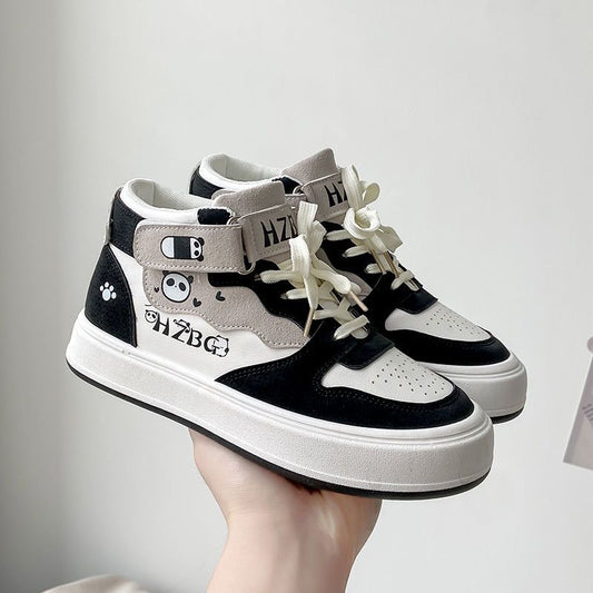 Black And White High-top Shoes 2024 New White Shoes Women&#039;s Shoes Cute Student Sports Casual Board Shoes National Fashion Women&#039;s All-match