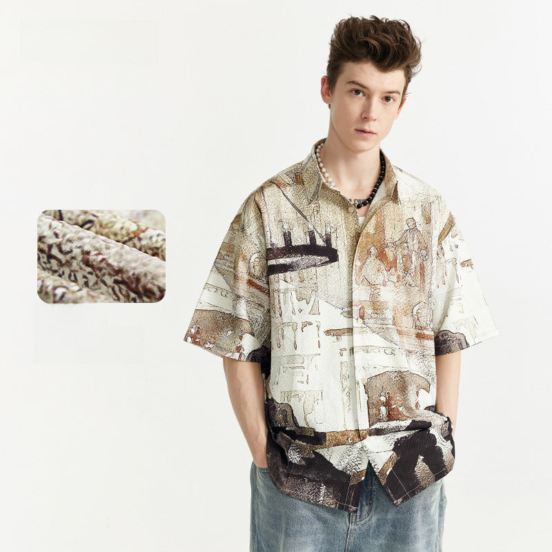 Watercolor Seersucker Shirt 2024 Spring And Summer New Street Fashion Brand Loose Men&#039;s Short Sleeve Shirt