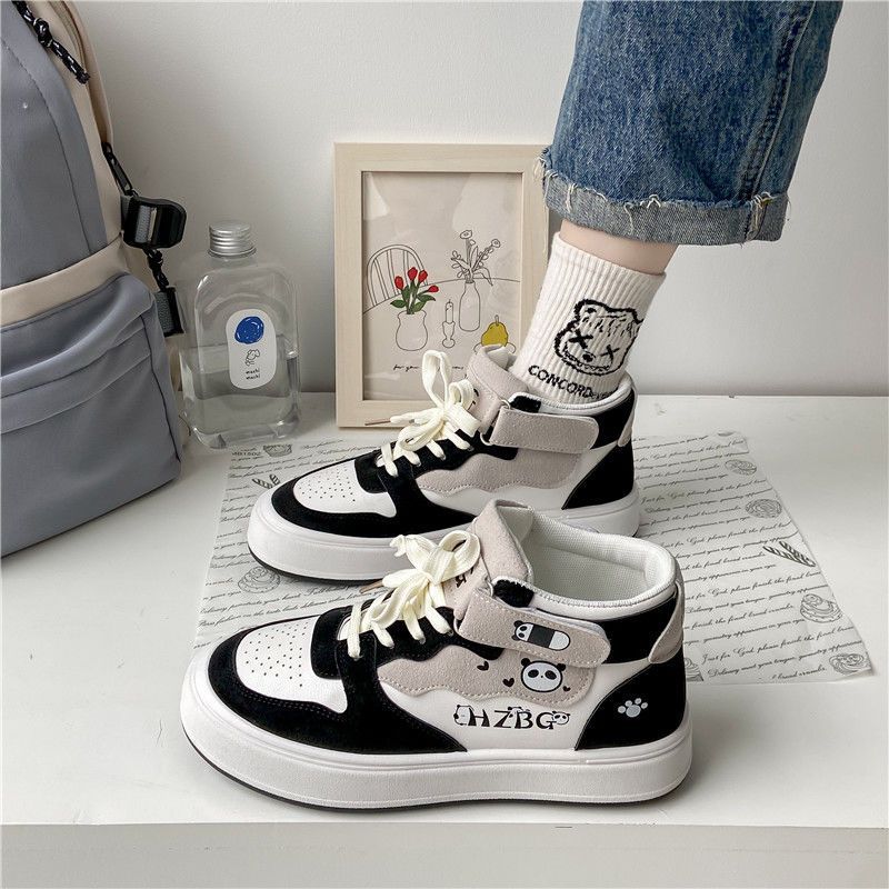 Black And White High-top Shoes 2024 New White Shoes Women&#039;s Shoes Cute Student Sports Casual Board Shoes National Fashion Women&#039;s All-match