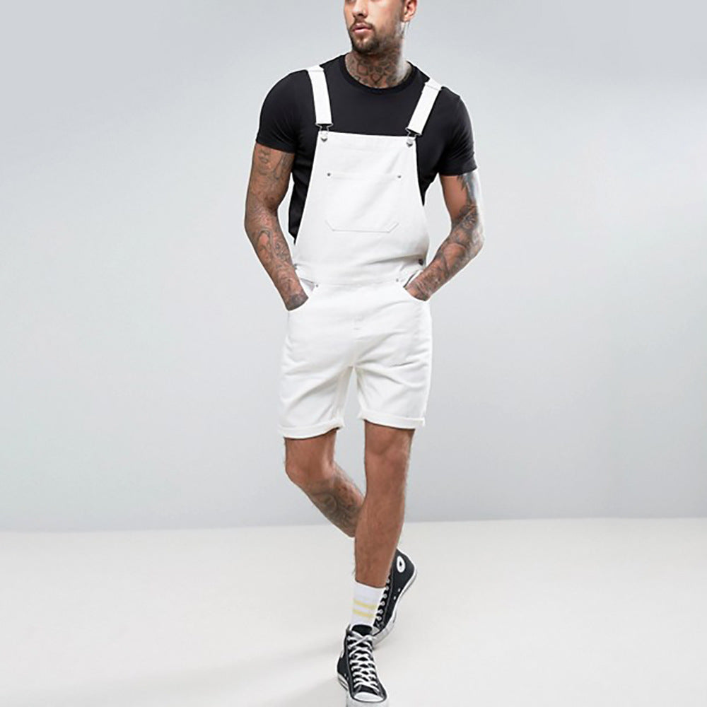 wish Retro Men&#039;s Denim White Rim Shorts One-piece Overalls