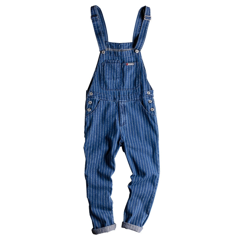 American Retro Workwear Denim Overalls For Men, Trendy Straight-leg Loose Jumpsuits For Men, Youth Striped Overalls