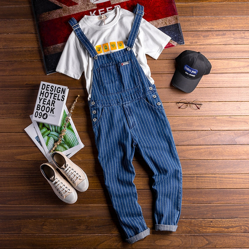 American Retro Workwear Denim Overalls For Men, Trendy Straight-leg Loose Jumpsuits For Men, Youth Striped Overalls