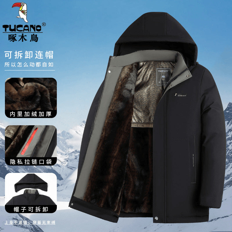 Woodpecker 2024 Fall/Winter New Hooded Warm Windproof Cold-proof Fleece-lined Thickened Dad Men&#039;s Cotton Jacket