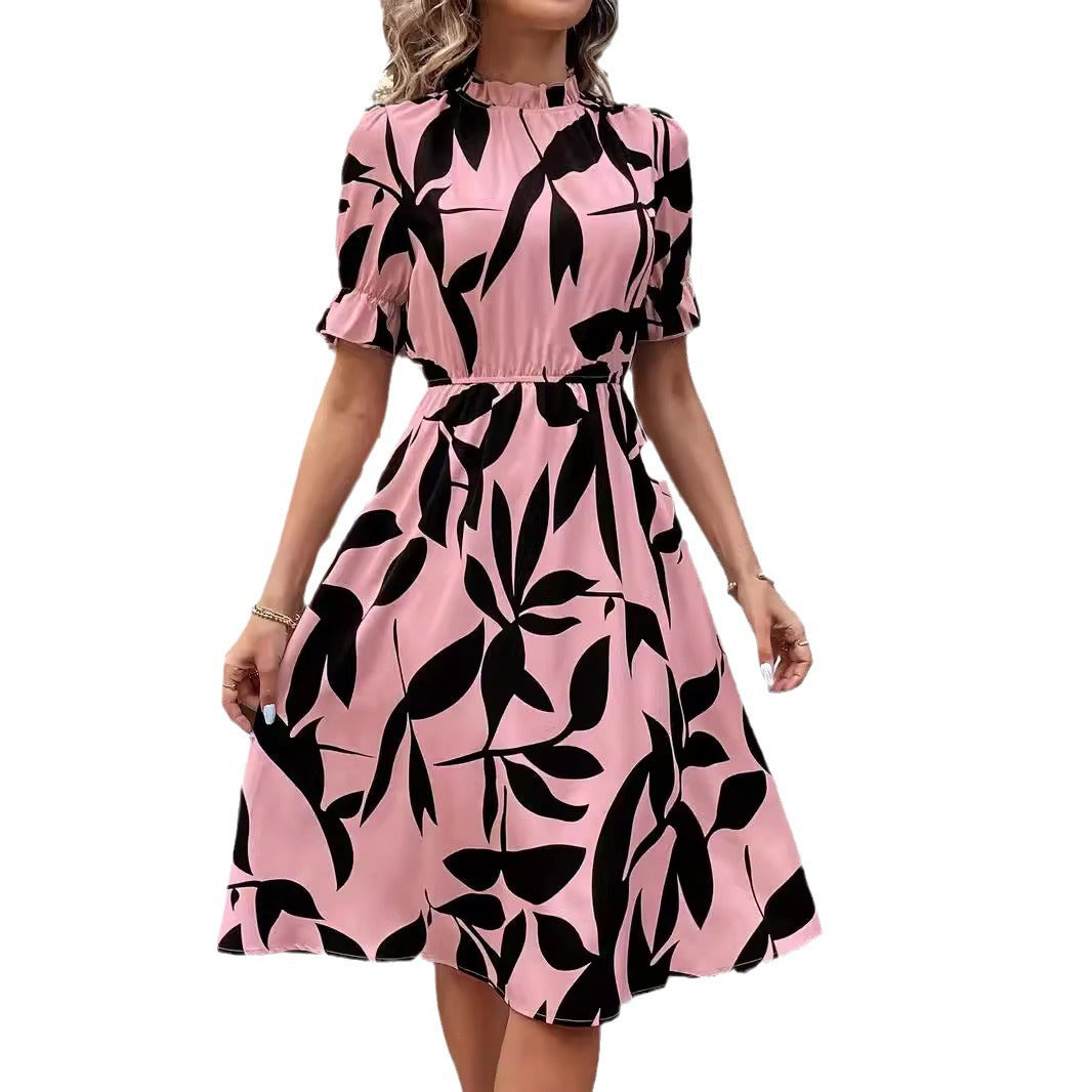 Europe And America Explosions Short-sleeved Ruffled Plant Printed Large Skirt Waist Dress