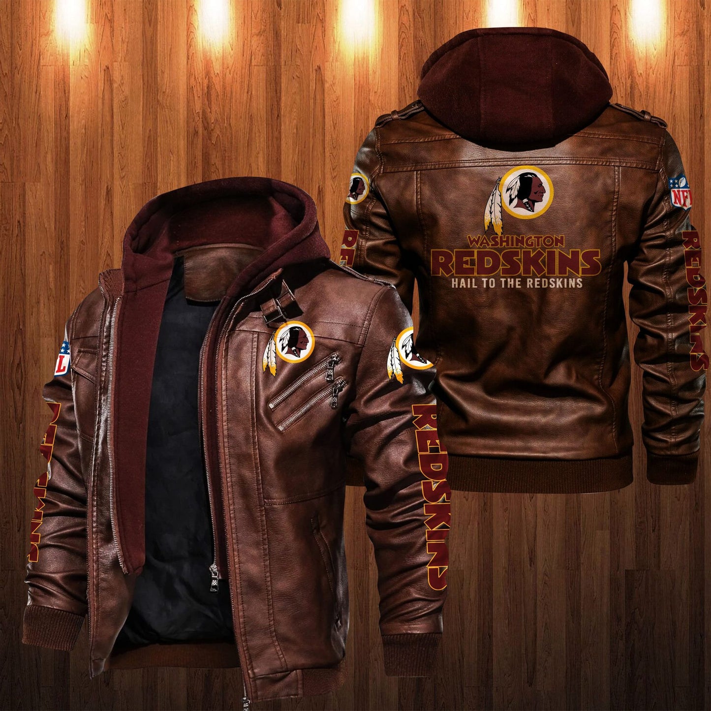 US Size Fleece-lined American Rugby Fans Coat PU Leather Jacket Red Leather For The Fans Coat Motorcycle Jacket