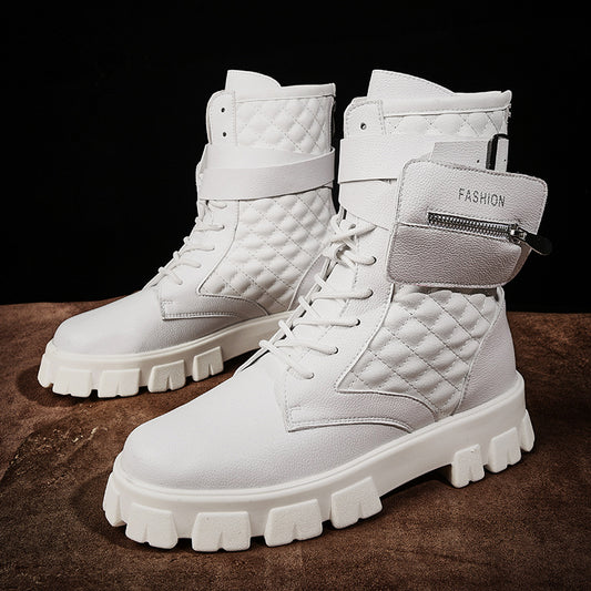 Autumn Men&#039;s Explosions Martin Boots White High Top Retro Fashion Show Trendy Pocket Motorcycle Boots