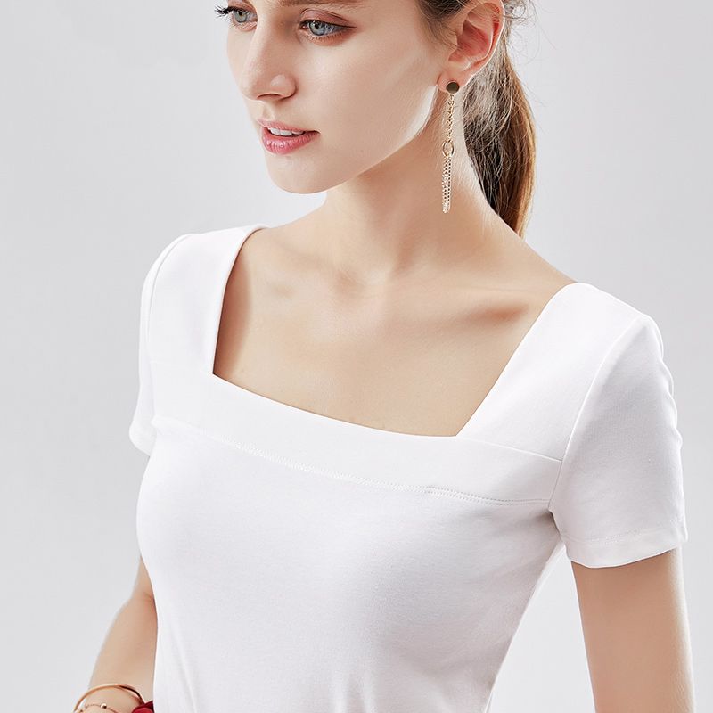 95 CoTTon Square Collar T-shirT Women&#039;s ShorT-sleeved T-shirT Half-sleeved Slim Sexy Top Summer 2024 ReTro Women&#039;s VersaTile New STyle