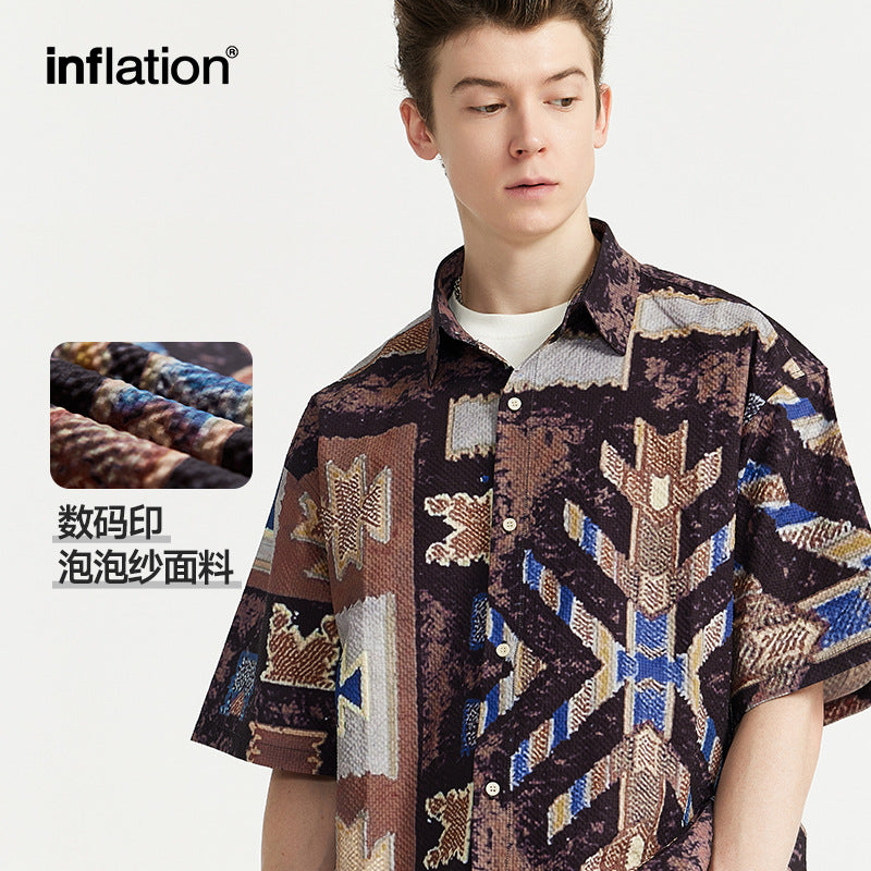 Subordinate Style Seersucker Shirt 2024 Spring And Summer New Street Fashion Brand Loose Men&#039;s Short Sleeve Lining