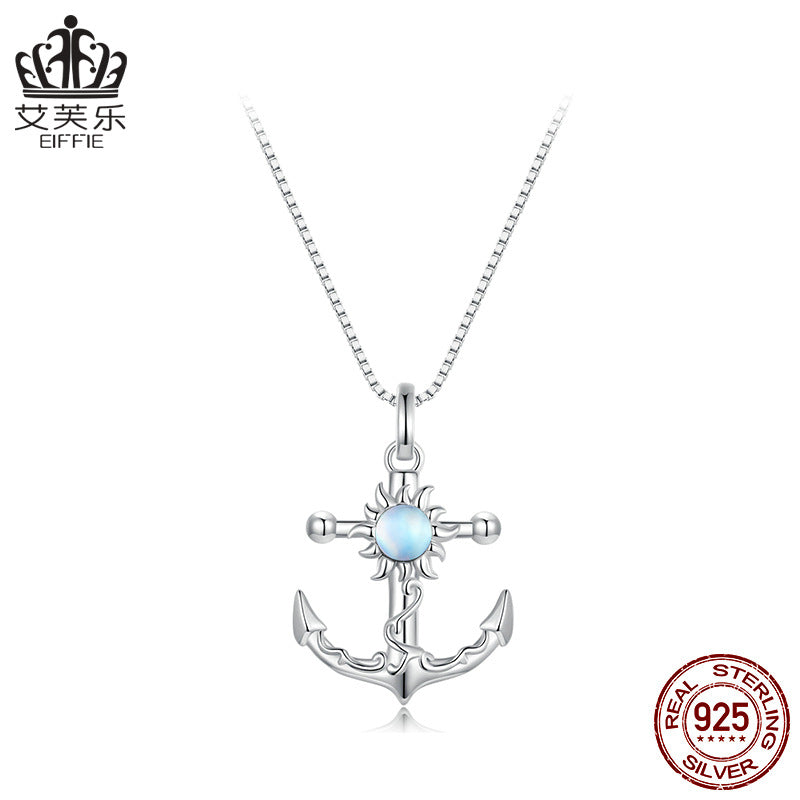 S925 Sterling Silver Plated Platinum Ship Anchor Necklace