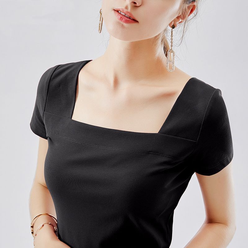 95 CoTTon Square Collar T-shirT Women&#039;s ShorT-sleeved T-shirT Half-sleeved Slim Sexy Top Summer 2024 ReTro Women&#039;s VersaTile New STyle