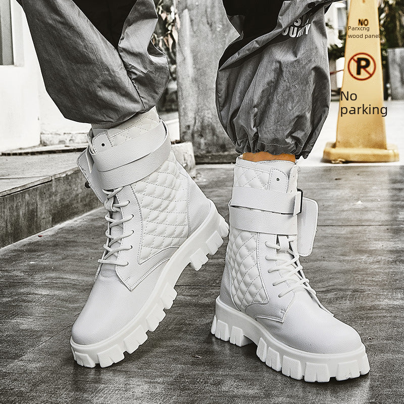 Autumn Men&#039;s Explosions Martin Boots White High Top Retro Fashion Show Trendy Pocket Motorcycle Boots