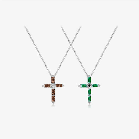 S925 Sterling Silver Multicolor Rectangular Zircon Cross Hanging Necklace