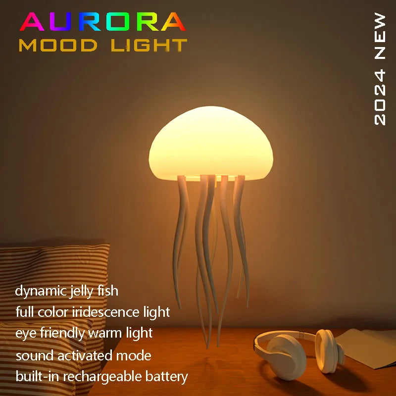 Cartoon Jellyfish Night Light Atmosphere RGB Gradient Cute Jellyfish Bedside Lamp Voice Control Type-C Charging LED Night Lamp