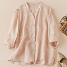 Sleeve Ramie Embroidered Top Women's Artistic Retro Loose Shirt 2023 Summer New Style