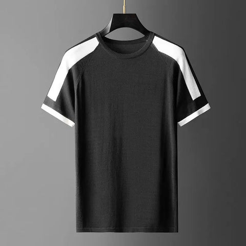 Summer New Short T-shirt Casual Fashion Trendy Color-inserted Knitted Shirt Short-sleeved T-shirt Men's Round Neck Simple And Comfortable