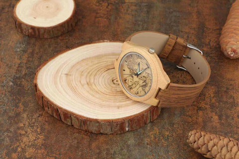Women's Engraved Bamboo Photo Watch Wooden Leather Strap 40mm