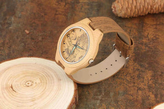 Women's Engraved Bamboo Photo Watch Wooden Leather Strap 40mm