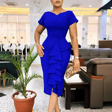 Women's New Short-sleeved Solid Color Package Hip Ruffled High Waist Tongle African Dress