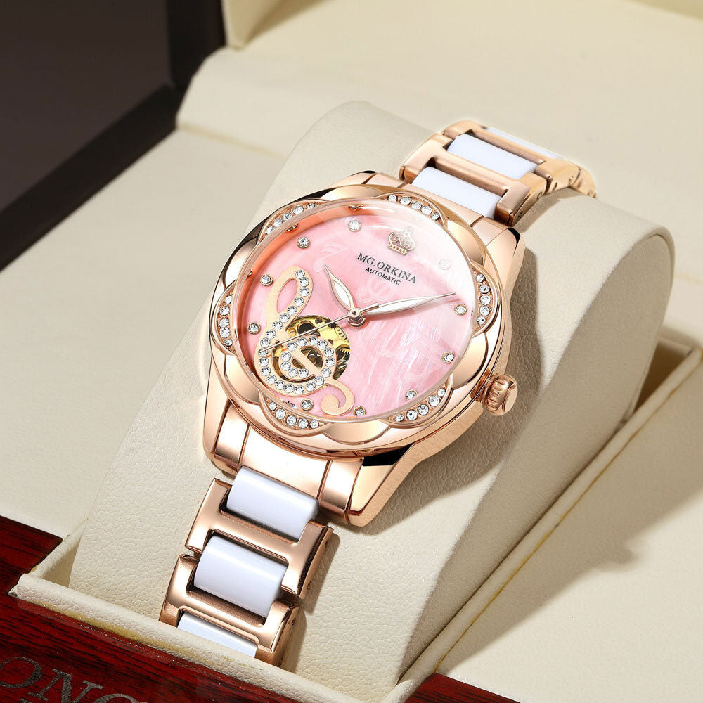 Ladies Ceramic Steel Band Automatic Mechanical Waterproof Luminous Watch